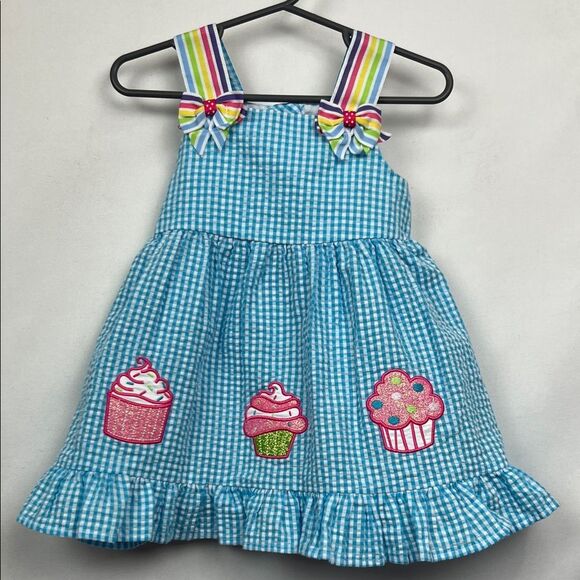 Emily Rose blue and white searsucker gingham cupcake appliqué Birthday dress - Picture 1 of 10